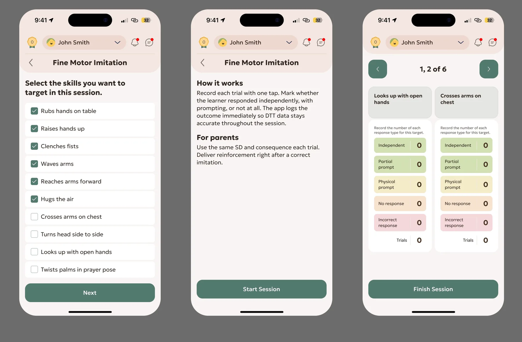A session on the parent’s side: choosing skills, instructions and one-tap data recording.